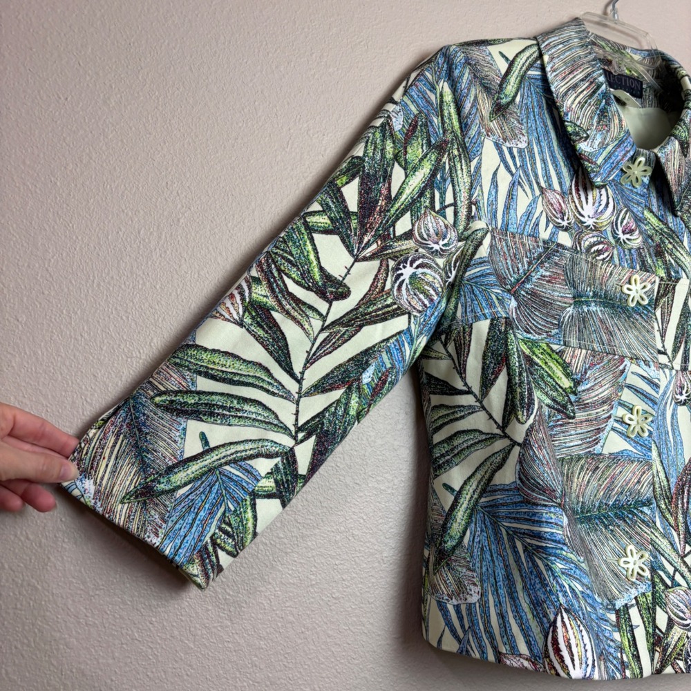 Colorful Jacket Womens 10 Green Blue Tropical Palm Leaf Flower Resortwear Floral - Picture 6 of 16